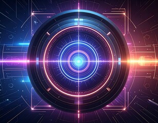 Abstract image of glowing concentric circles and squares, in blue, pink, and orange