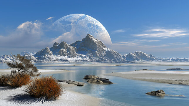 Exomoon settlement: tidal locks habitats, explorers adapt, unique views, photorealistic stolen moment by a satellite colony artist.