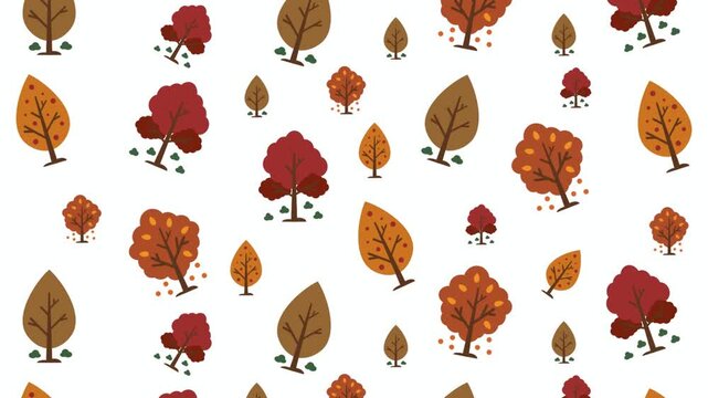 Seamless autumn tree pattern with flat red, orange, and brown foliage design on clean white background for seasonal theme