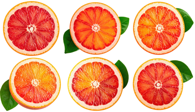 Six halved blood oranges display variations of red and orange, each accompanied by a green leaf, on a black background