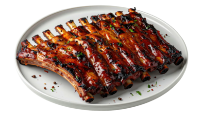 Glazed ribs on a white plate, lightly garnished. Dark brown glaze with hints of green parsley and black pepper