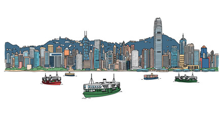 Hong Kong skyline doodle with iconic landmarks and architecture