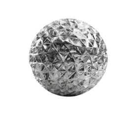Silver sphere with fragmented triangular mosaic pattern isolated on a black background, reflecting light