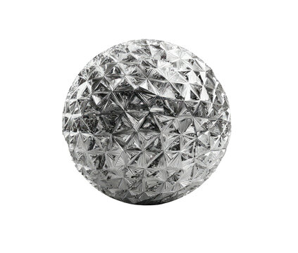 Silver sphere with fragmented triangular mosaic pattern isolated on a black background, reflecting light