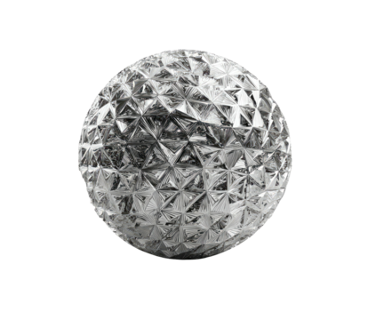 Silver sphere with fragmented triangular mosaic pattern isolated on a black background, reflecting light