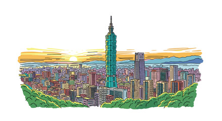 Fototapeta premium Taipei skyline doodle with iconic landmarks and architecture