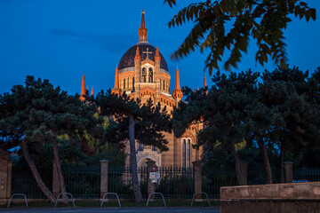 Christuskirche am Friedhof Matzleinsdorf in Vienna, Austria. A 19th-century Lutheran church in the Neo-Romanesque style. Night City