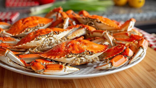 Steamed blue crab seafood with fresh orange shellfish served on white plate in cozy kitchen background seafood meal