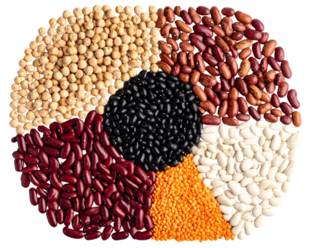Top View of Assorted Mixed Beans and Pulses Spread in Circular Pattern, Isolated on White Background