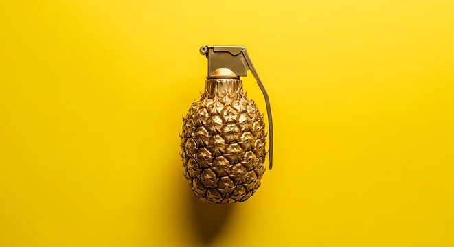 A golden grenade-shaped object placed against a vibrant yellow background, symbolizing a unique concept.