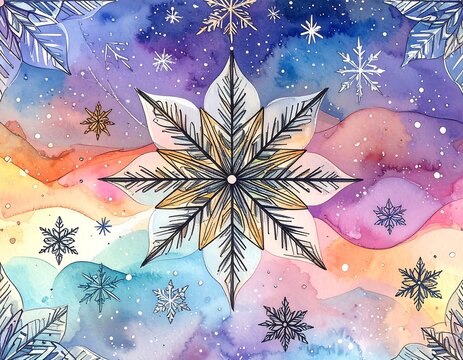 Watercolor illustration of a large snowflake with a colorful winter sky backdrop