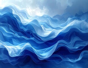 Abstract image of layered, wavy blue and white lines resembling an ocean or flowing silk