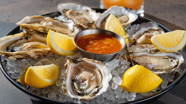Fresh oyster seafood on ice with lemon wedges and cocktail sauce served on black plate, perfect refreshing shellfish appetizer