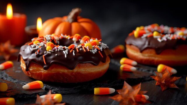 Chocolate glazed donut with candy corn, sprinkles, pumpkin, and candle creating warm Halloween atmosphere and festive treats, 4k video