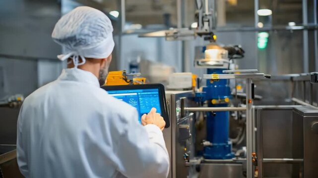 Medium shot capturing an operator using a touchscreen interface to monitor and modify baking conditions via IoTconnected temperature control technology.