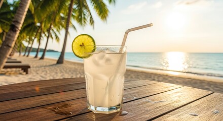 Refreshing Beverage on a Tropical Beach During Sunset, Creating a Moment of Relaxation and Tranquility with Golden Light