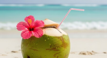 Refreshing Coconut Drink Adorned with a Pink Hibiscus on a Beautiful Beach with Turquoise Water Background on a Sunny Day