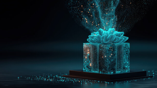 Shimmering gift box with glowing details on a stylish glass platform