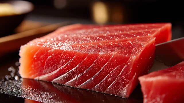 Fresh raw tuna seafood slicing with sharp knife on black cutting board showing vibrant red color and moist texture of fish