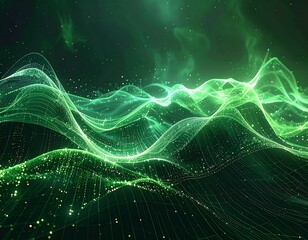 Abstract image of luminous green, undulating wave-like formations against a darker backdrop