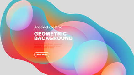 Abstract fluid shapes overlap, creating vibrant colorful background. Text block present with read more button. Modern design elements visible.