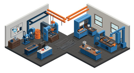 Obraz premium Isometric industrial workshop with advanced machinery and equipment design