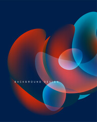 Abstract shapes overlap, creating vibrant color blends. Blue, red hues dominate dark background. Modern design element.