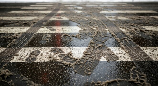 Close-up of dirty slush with tire tracks and footprints on a wet winter crosswalk. Messy urban road with melting snow