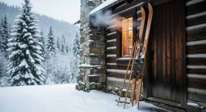 Rustic log cabin with vintage skis in a snowy winter landscape. Cozy mountain retreat with warm light from a window. Holiday vacation concept