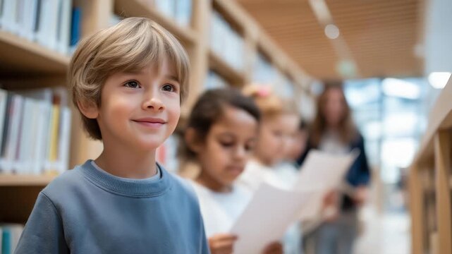 A group of kids plays a scavenger hunt in a library, with clues hidden in books, kids whispering, a librarian guiding, and shelves towering above, depicted in a playful photo with book spines, clue
