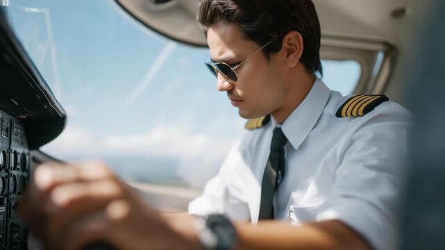 A pilot examining the fuel gauge and visually confirming fuel levels while checking for leaks, emphasizing careful preparation, procedural diligence, and safety-first aviation mindset. cinematic