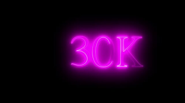 Abstract glowing neon light 30K letter animation. 30K followers or subscribers ,30K Electric blue lighting text with animation on black background. light, 30K, letter, 