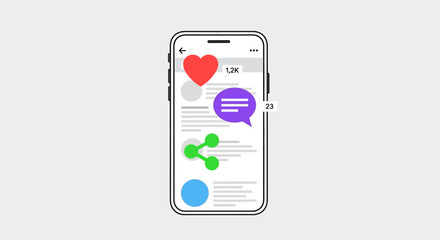 This image depicts a modern smartphone interface showcasing various interactive social media elements like hearts, comments, and sharing options.