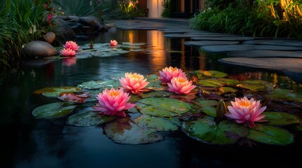 Serene and beautifully designed garden pond with pink water lilies and green lily pads floating on dark water, illuminated by the early morning light.