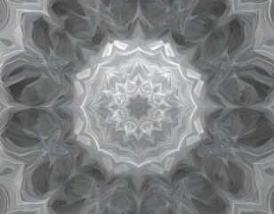 Abstract grayscale kaleidoscope with swirling patterns emanating from a central point