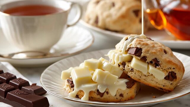 Chocolate chip scone with melting butter and cream drizzle served on white plate with tea and chocolate bar for cozy breakfast bar