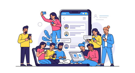 A diverse group of young people actively uses smartphones and laptops, connecting through social media platforms and digital communication channels.