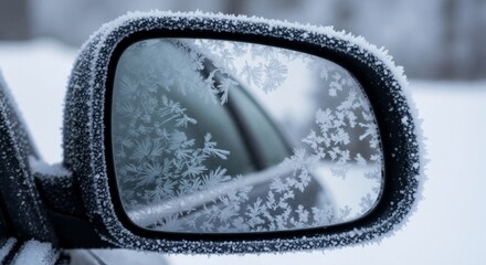 Close-up of a car side mirror covered in frost on a cold winter day. Intricate ice crystal patterns on a frozen vehicle
