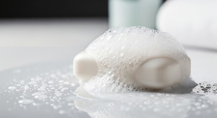 White bar of soap with foam and bubbles on a plate in the bathroom