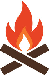 Campfire with crossed logs and stylized flame. Outdoor fire silhouette vector isolated.
