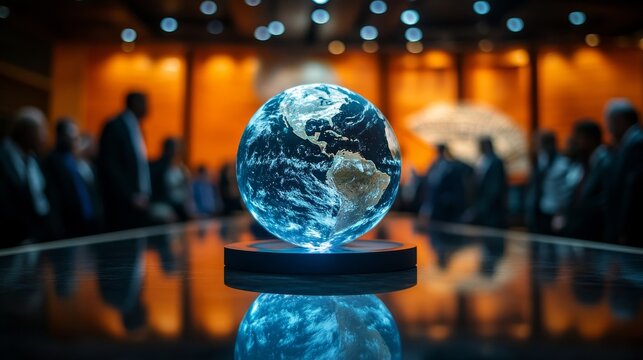 Digital globe surrounded by world leaders at the United Nations General Assembly, symbolizing global unity and climate action, with a futuristic international conference backdrop and blurred crowd for