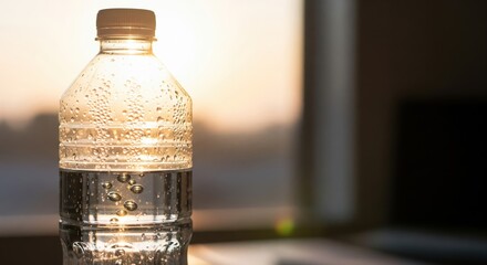 Plastic water bottle with condensation and sunlight background