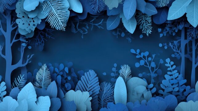 Abstract layered forest scene with various leaves and branches in blue tones