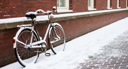 A vintage bicycle covered in fresh snow parked against a red brick wall. Urban winter street scene with copy space