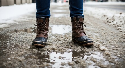 A person wearing winter boots stands in wet melting snow and slush. Close-up of waterproof footwear on a city sidewalk on a cold day