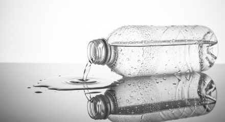 Plastic water bottle with condensation pouring water on reflective surface