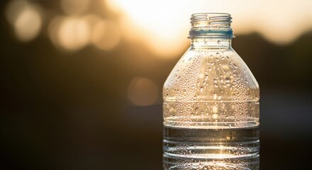 Plastic water bottle with condensation and sunlight background
