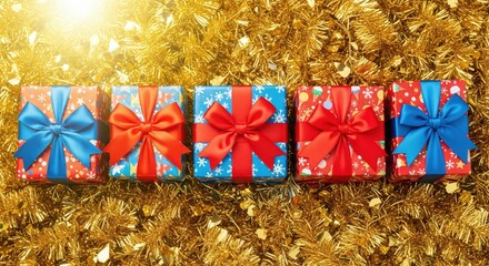 Colorful gift boxes with ribbons on golden tinsel background