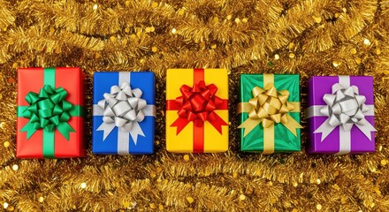 Colorful gift boxes with ribbons on golden tinsel background