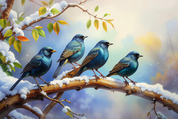 Four calling birds. Fourth day of the 12 days of Christmas. Watercolor style.